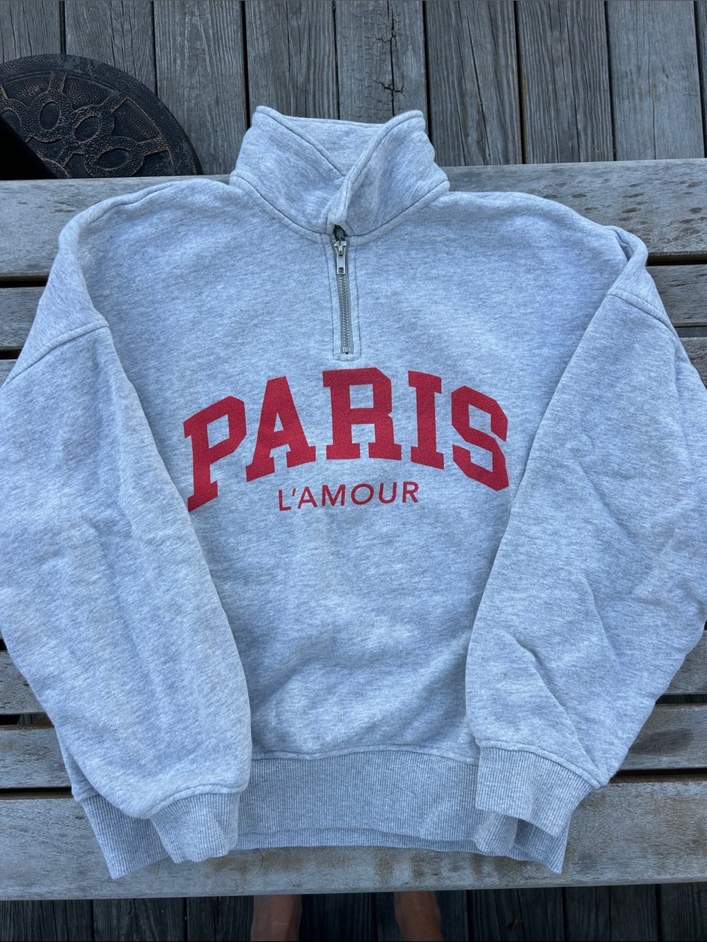 Chaser Gray Quarter-Zip Sweatshirt with Red "PARIS" Graphic